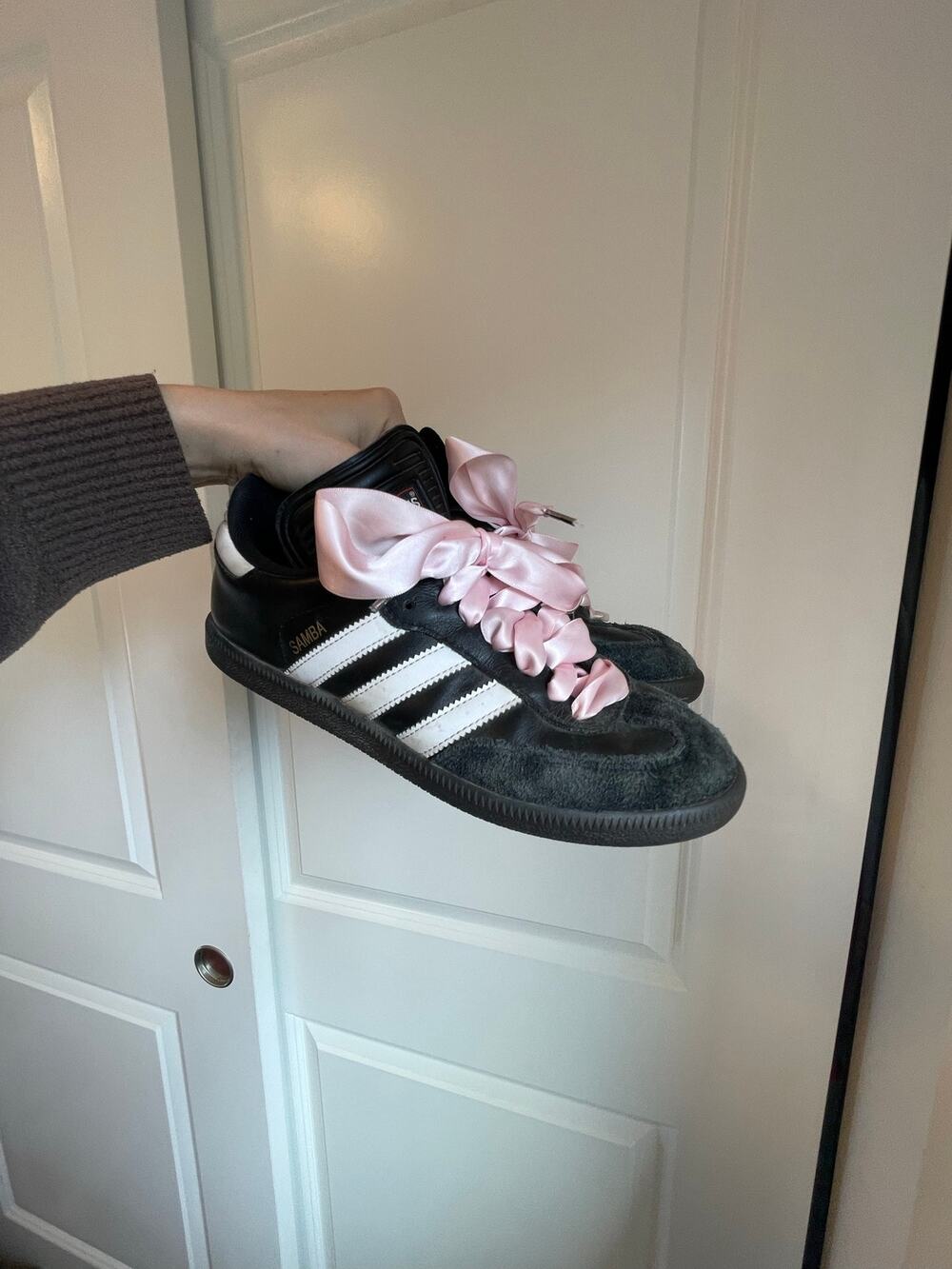 black and white adidas sambas with ribbon lace